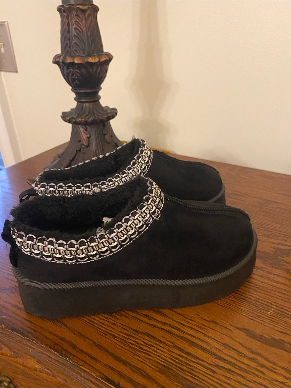 Halston Heritage Black Faux Fur Platform Mules with Silver/White Trim
